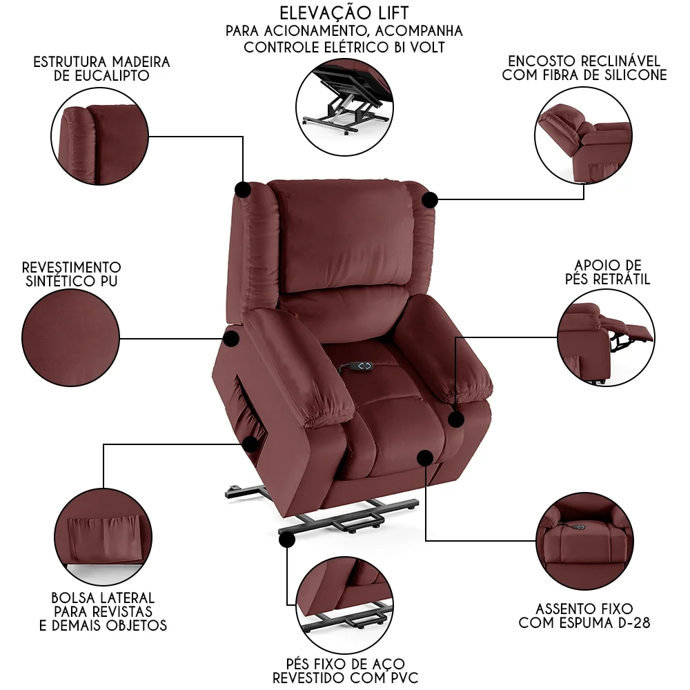 Poltrona do Papai Reclinável Pietra Elevação Lift Elétrico FH9 PU Vermelho - Mpozenato