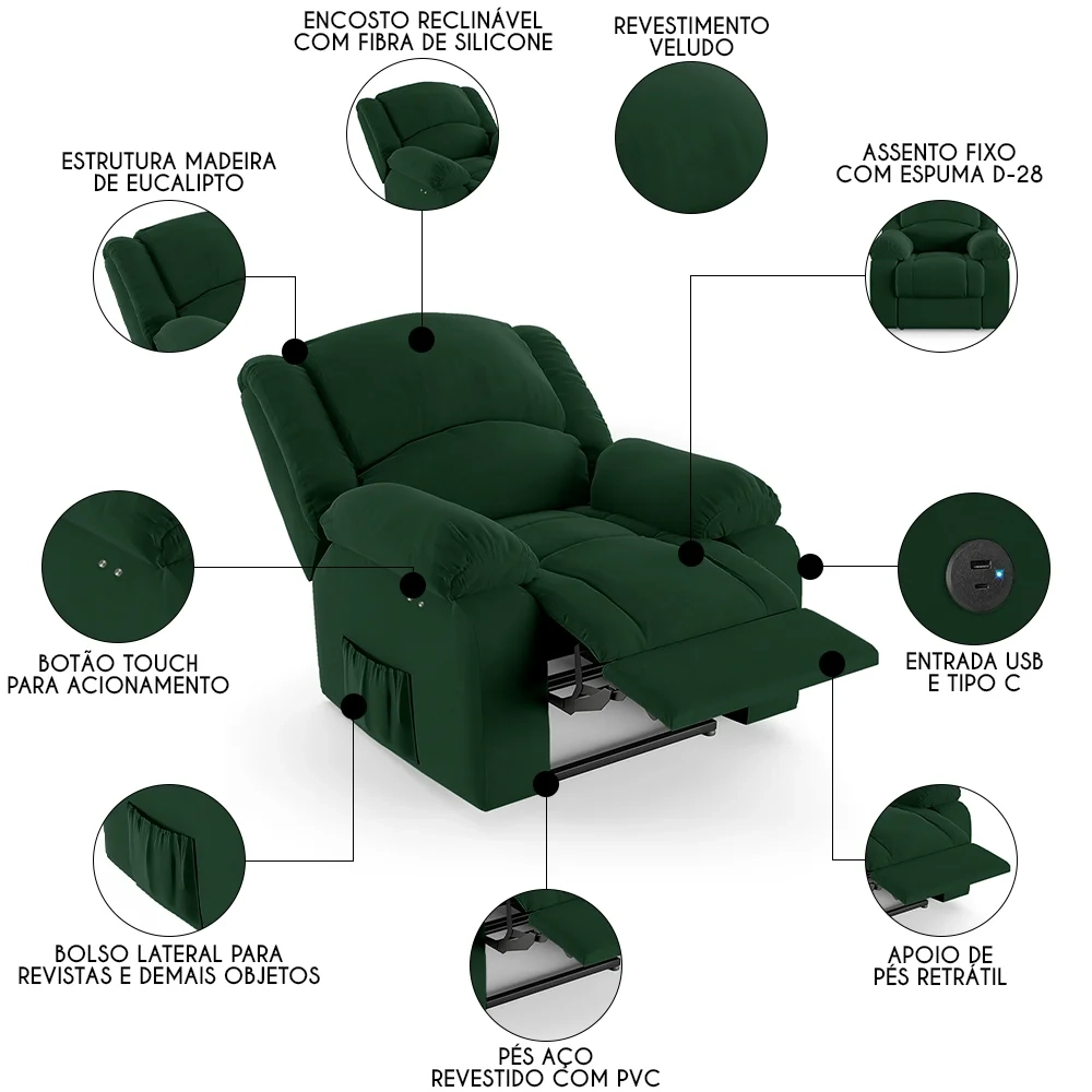 Poltrona do Papai Reclinável Pietra Power Touch USB FH9 Veludo Verde - Mpozenato