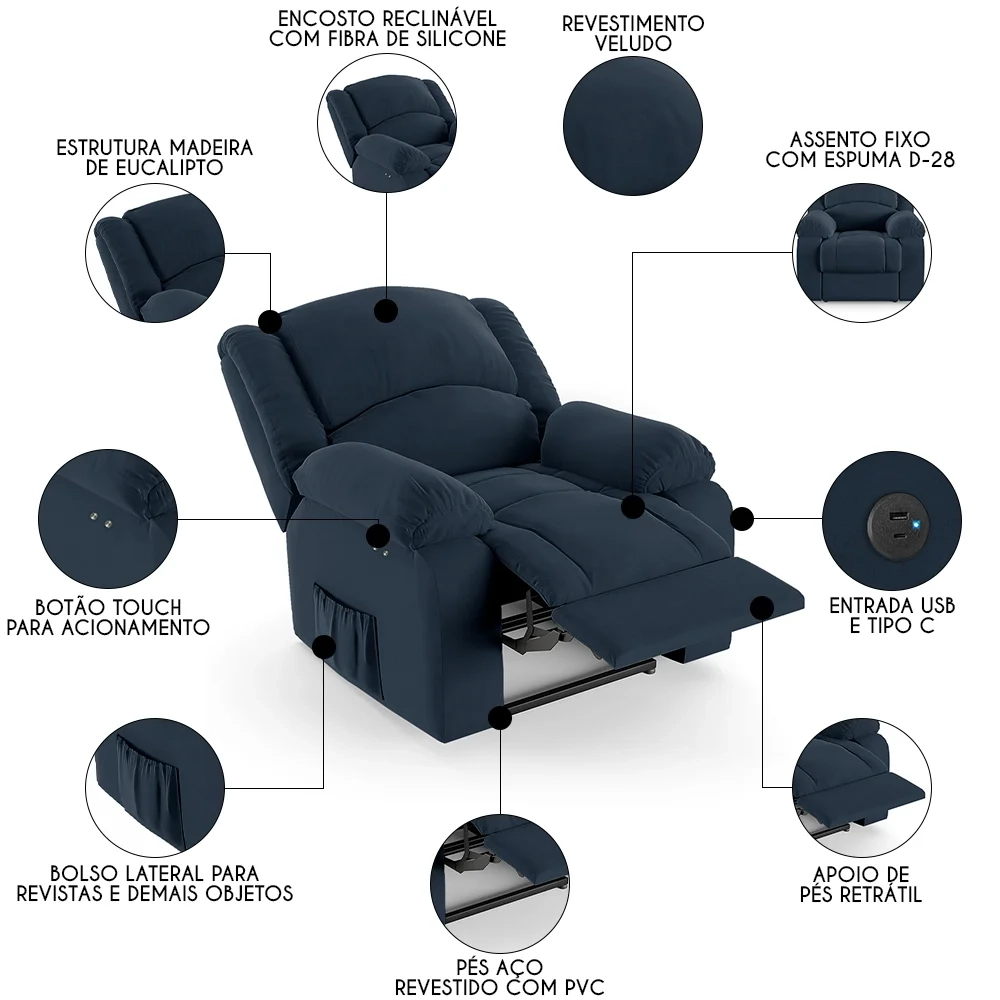 Poltrona do Papai Reclinável Pietra Power Touch USB FH9 Veludo Azul - Mpozenato