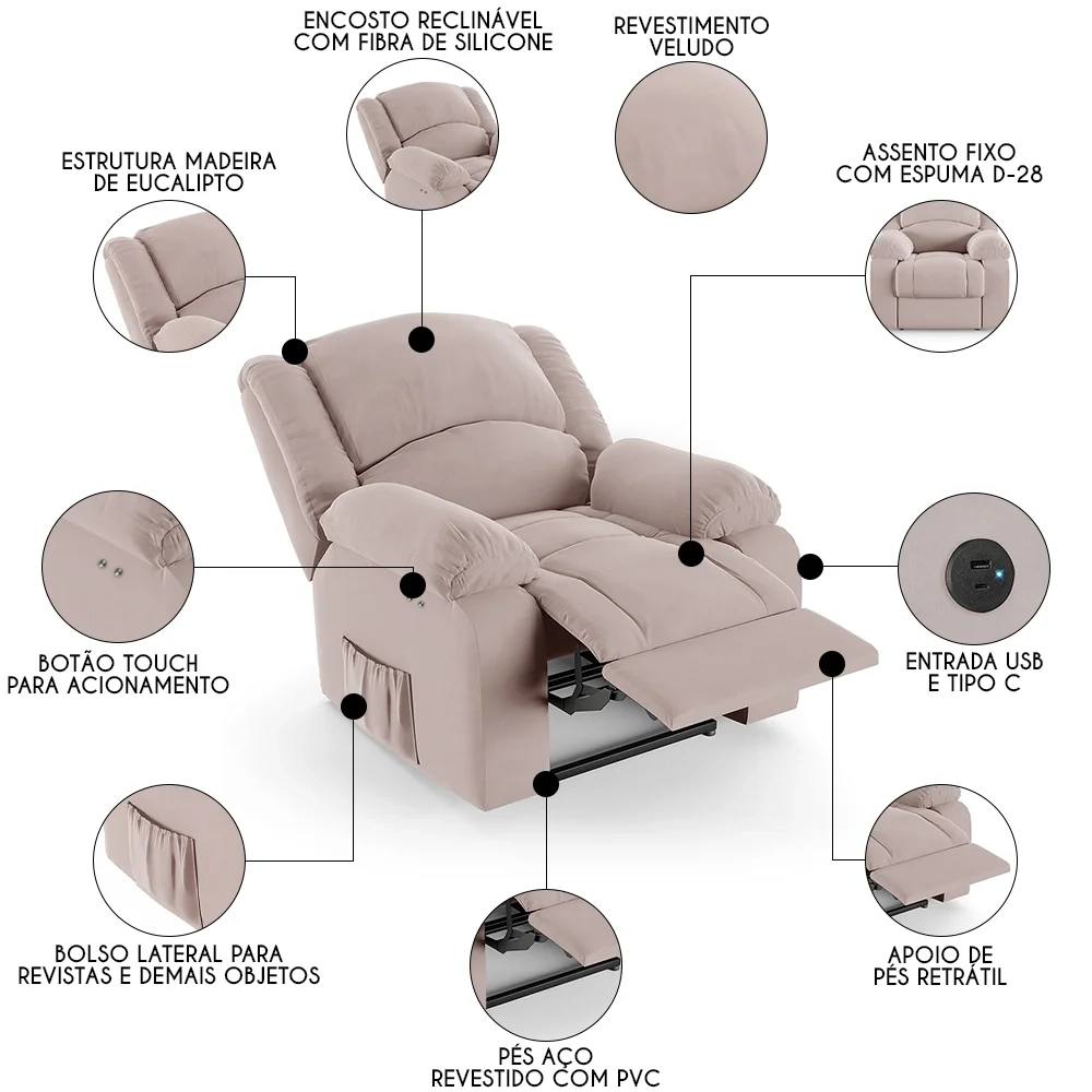 Poltrona do Papai Reclinável Pietra Power Touch USB FH9 Veludo Rosê - Mpozenato