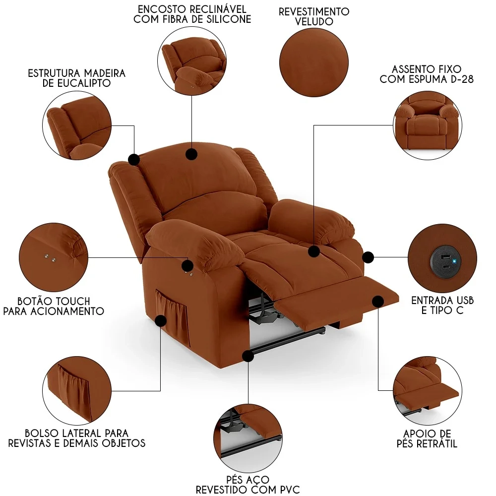 Poltrona do Papai Reclinável Pietra Power Touch USB FH9 Veludo Terracota - Mpozenato