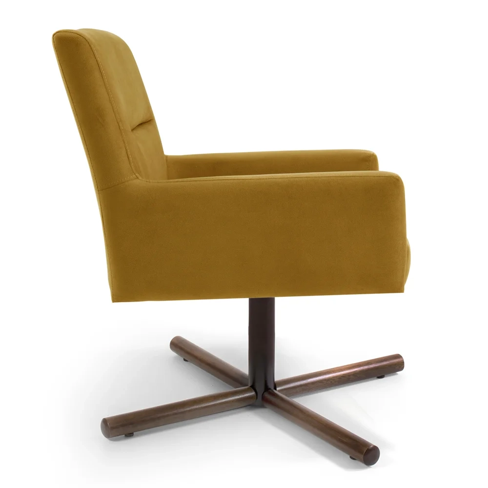 Poltrona Decorativa Giratória Base Xis Madeira Angel Veludo C-260 Mostarda - Domi