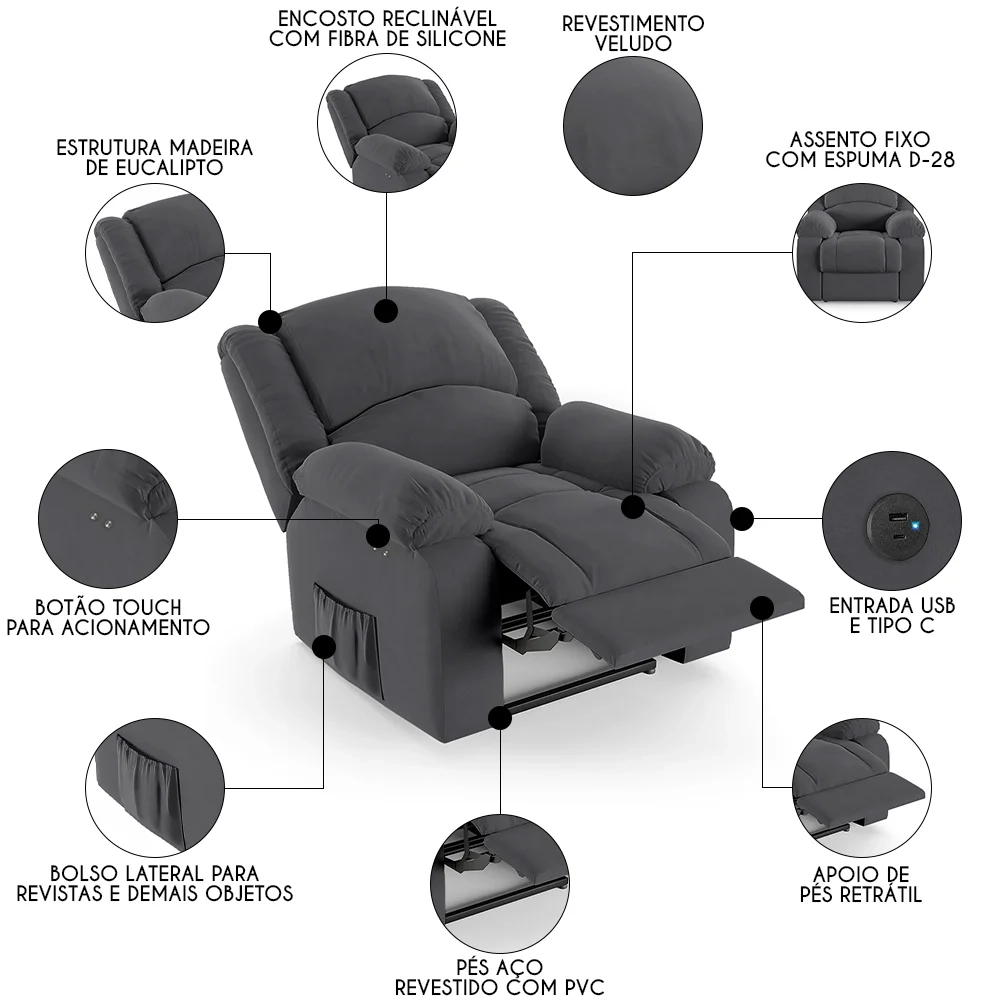 Poltrona do Papai Reclinável Pietra Power Touch USB FH9 Veludo Cinza - Mpozenato