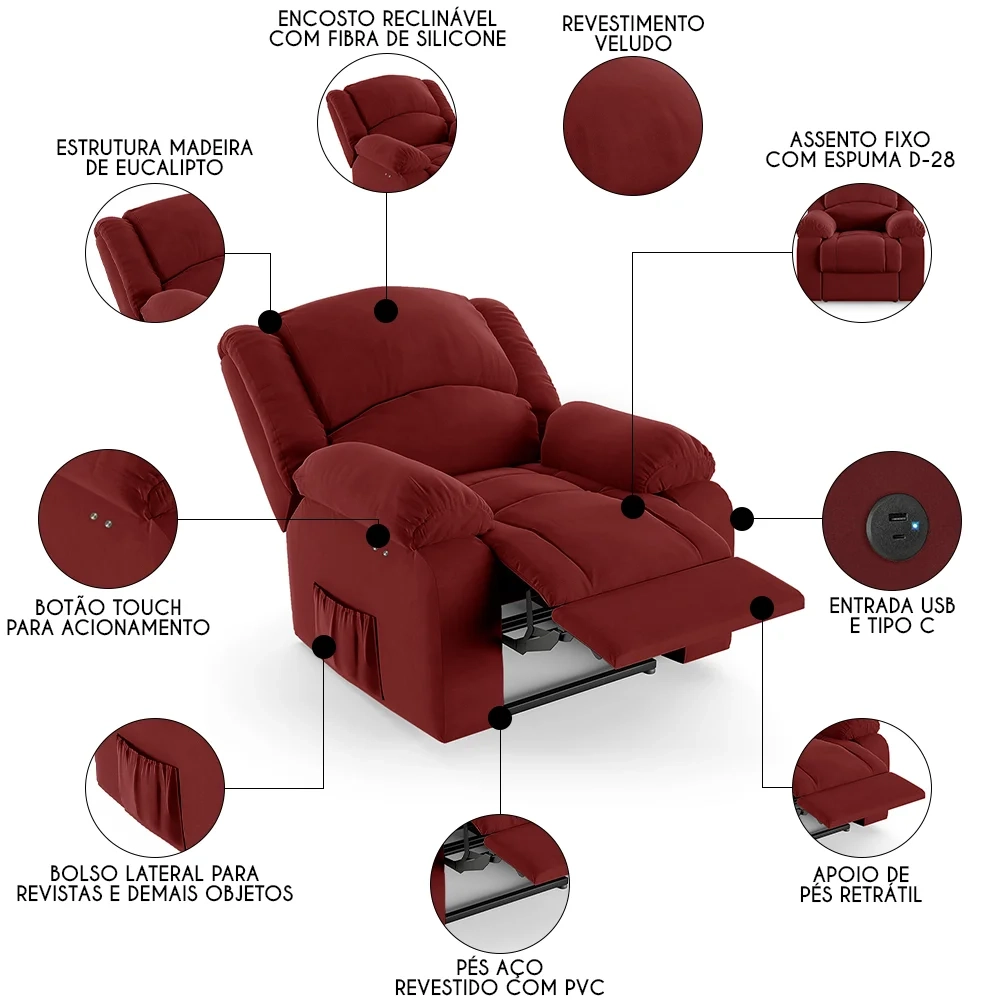 Poltrona do Papai Reclinável Pietra Power Touch USB FH9 Veludo Vermelho - Mpozenato