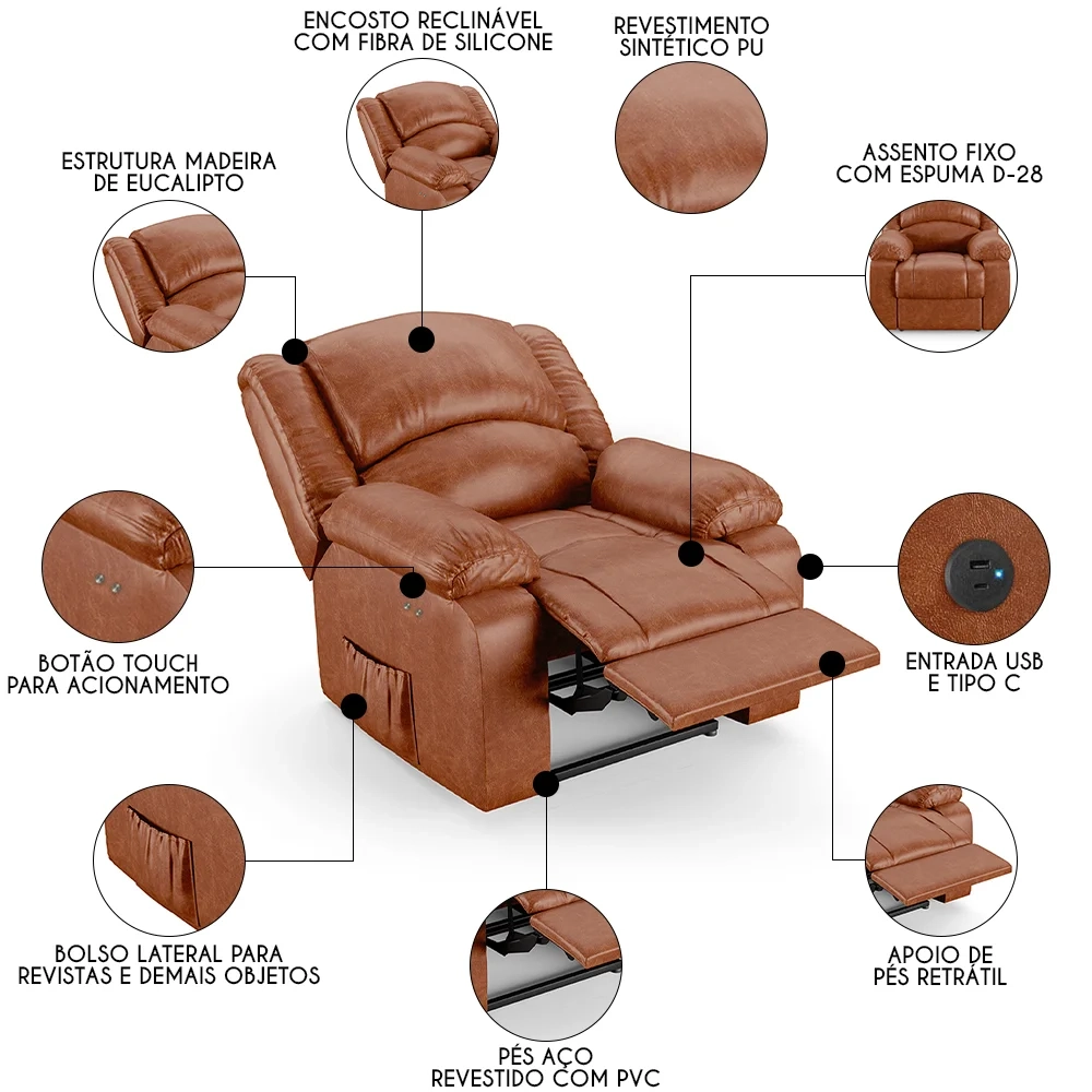 Poltrona do Papai Reclinável Pietra Power Touch USB FH9 PU Caramelo Brilho - Mpozenato