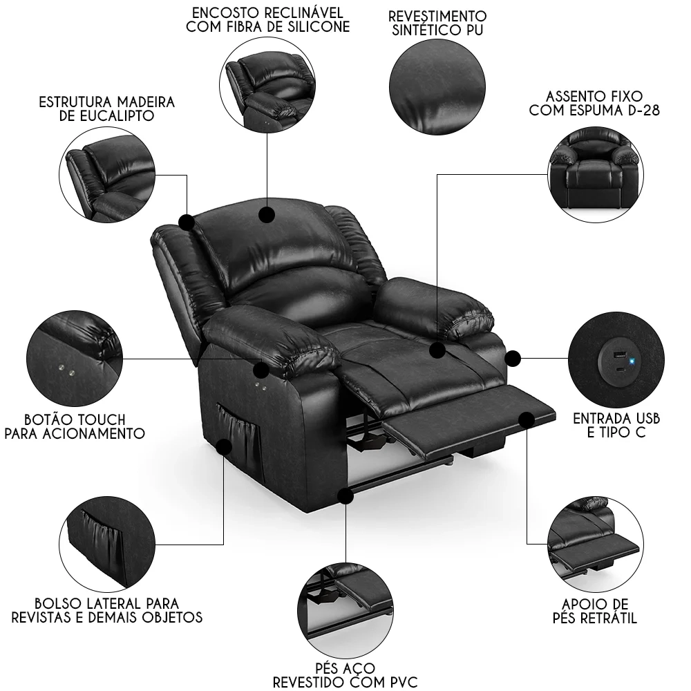 Poltrona do Papai Reclinável Pietra Power Touch USB FH9 PU Preto Brilho - Mpozenato
