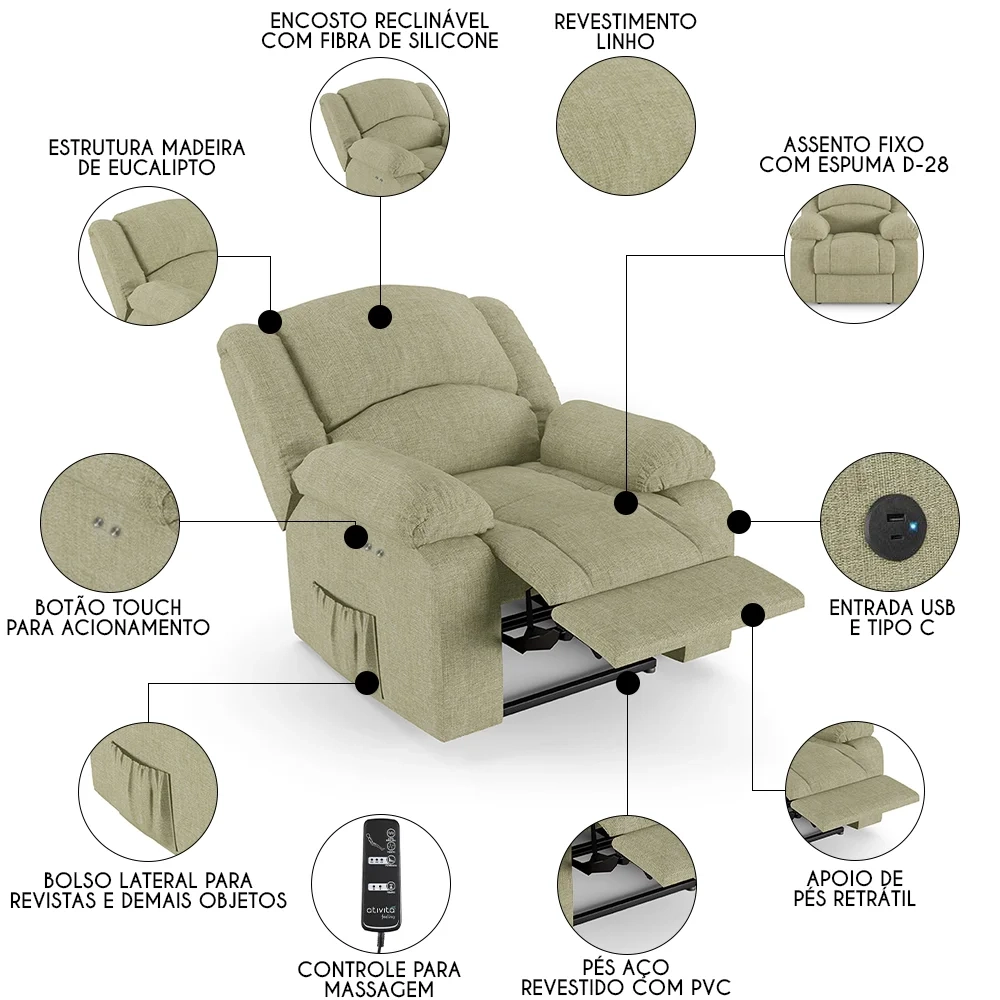 Poltrona do Papai Reclinável Pietra Power Touch Massagem FH9 Linho Bege - Mpozenato