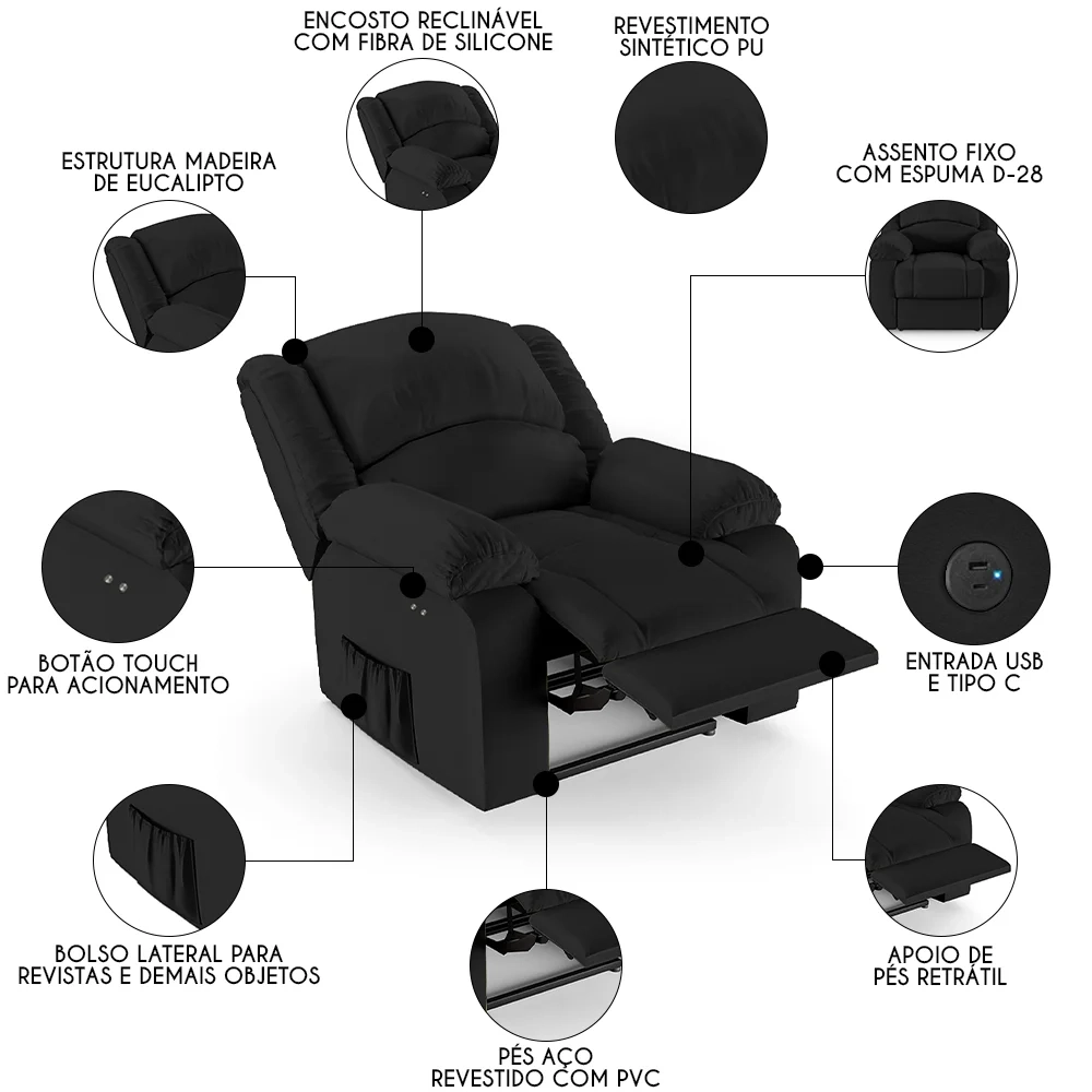 Poltrona do Papai Reclinável Pietra Power Touch USB FH9 PU Preto - Mpozenato