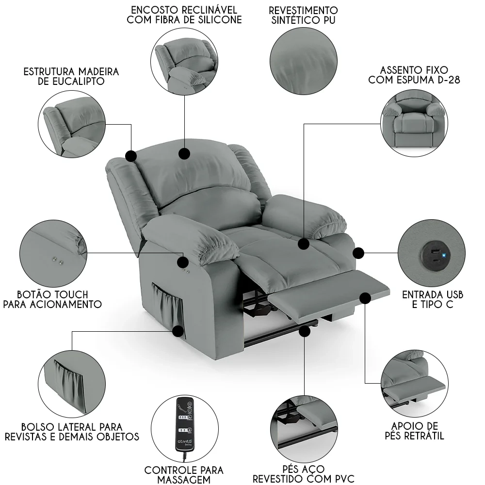 Poltrona do Papai Reclinável Pietra Power Touch Massagem FH9 PU Cinza - Mpozenato