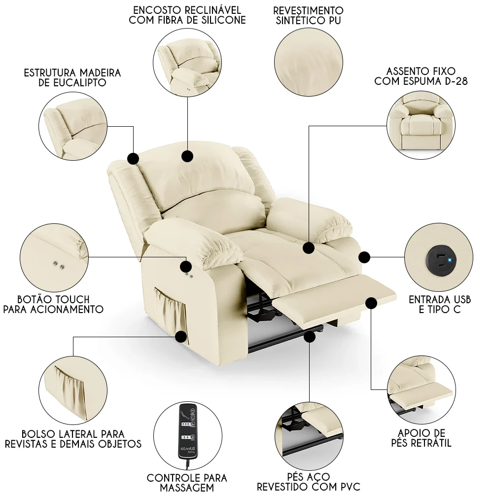 Poltrona do Papai Reclinável Pietra Power Touch Massagem FH9 PU Bege - Mpozenato