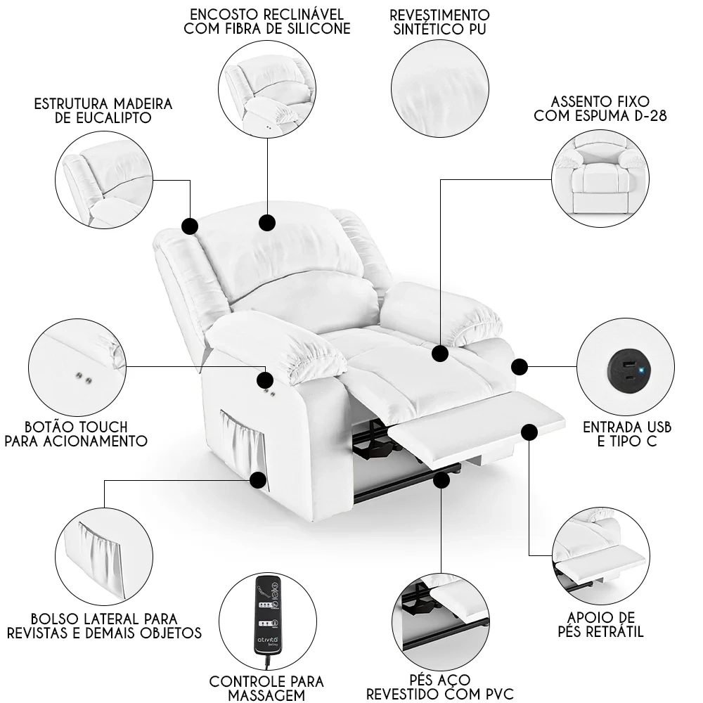 Poltrona do Papai Reclinável Pietra Power Touch Massagem FH9 PU Branco - Mpozenato