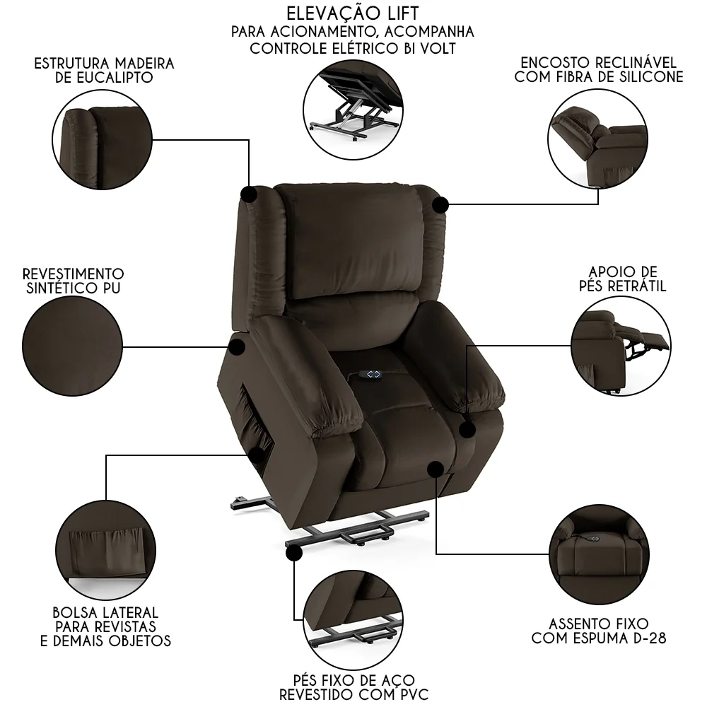 Poltrona do Papai Reclinável Pietra Elevação Lift Elétrico FH9 PU Marrom - Mpozenato