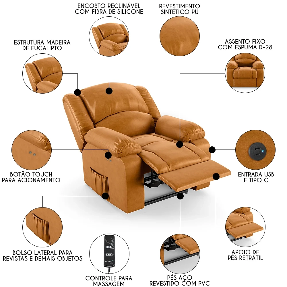 Poltrona do Papai Reclinável Pietra Power Touch Massagem FH9 PU Whisky - Mpozenato