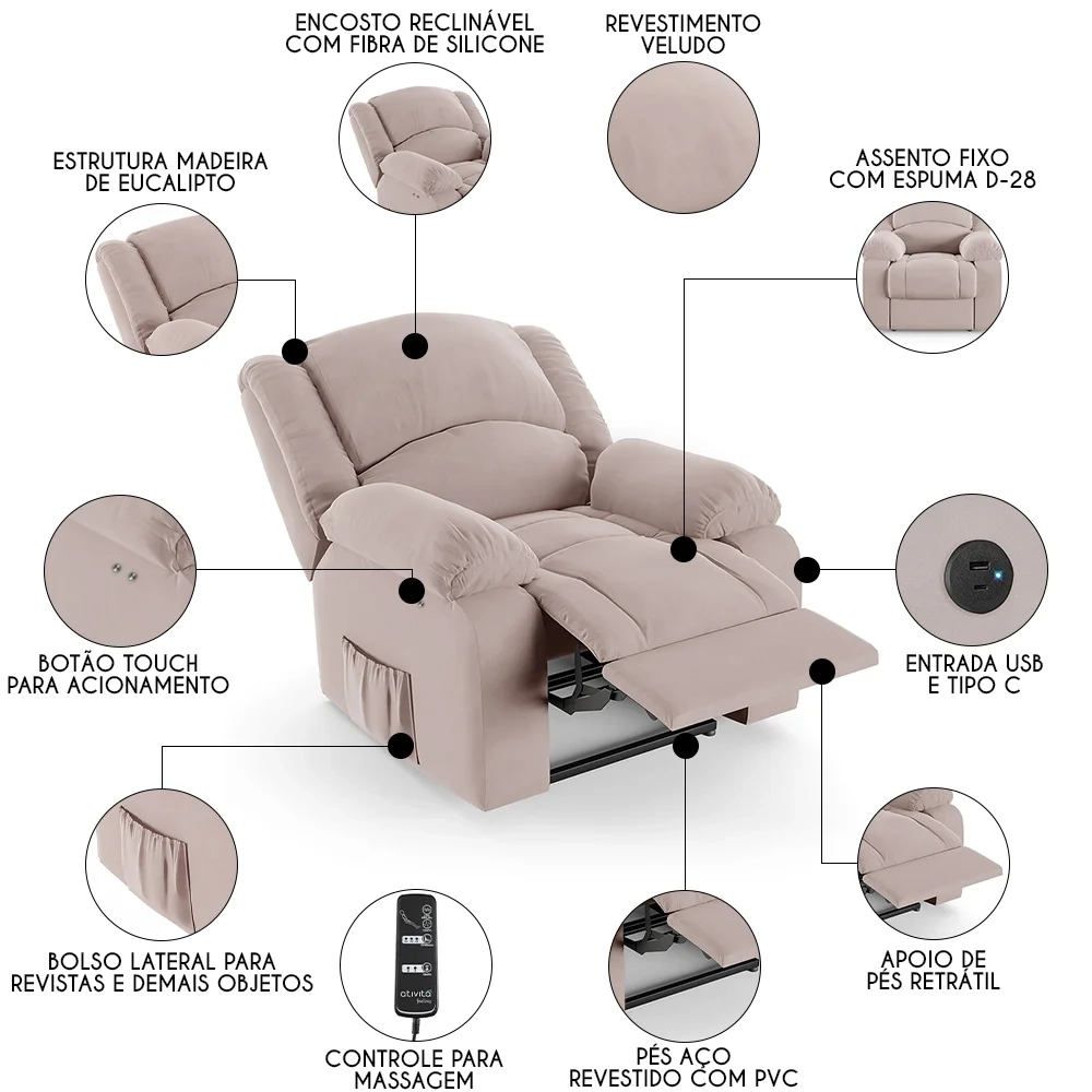 Poltrona do Papai Reclinável Pietra Power Touch Massagem FH9 Veludo Rosê - Mpozenato