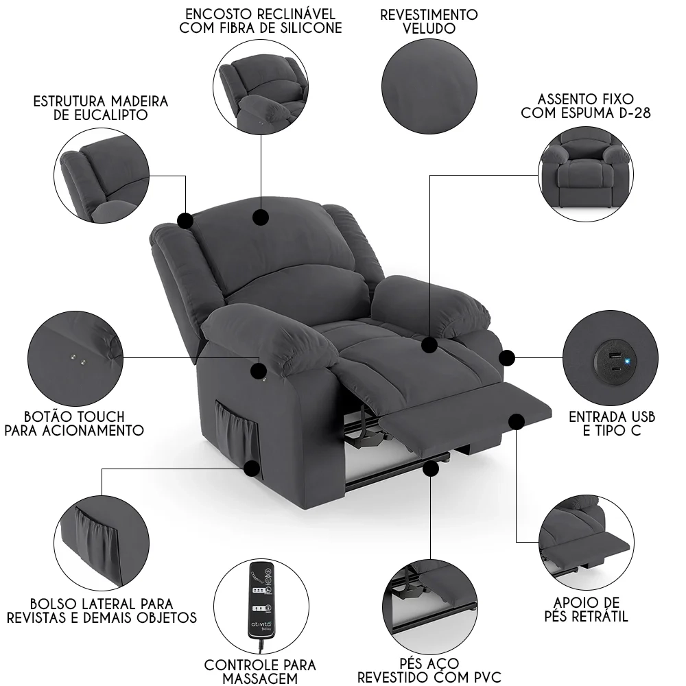 Poltrona do Papai Reclinável Pietra Power Touch Massagem FH9 Veludo Cinza - Mpozenato
