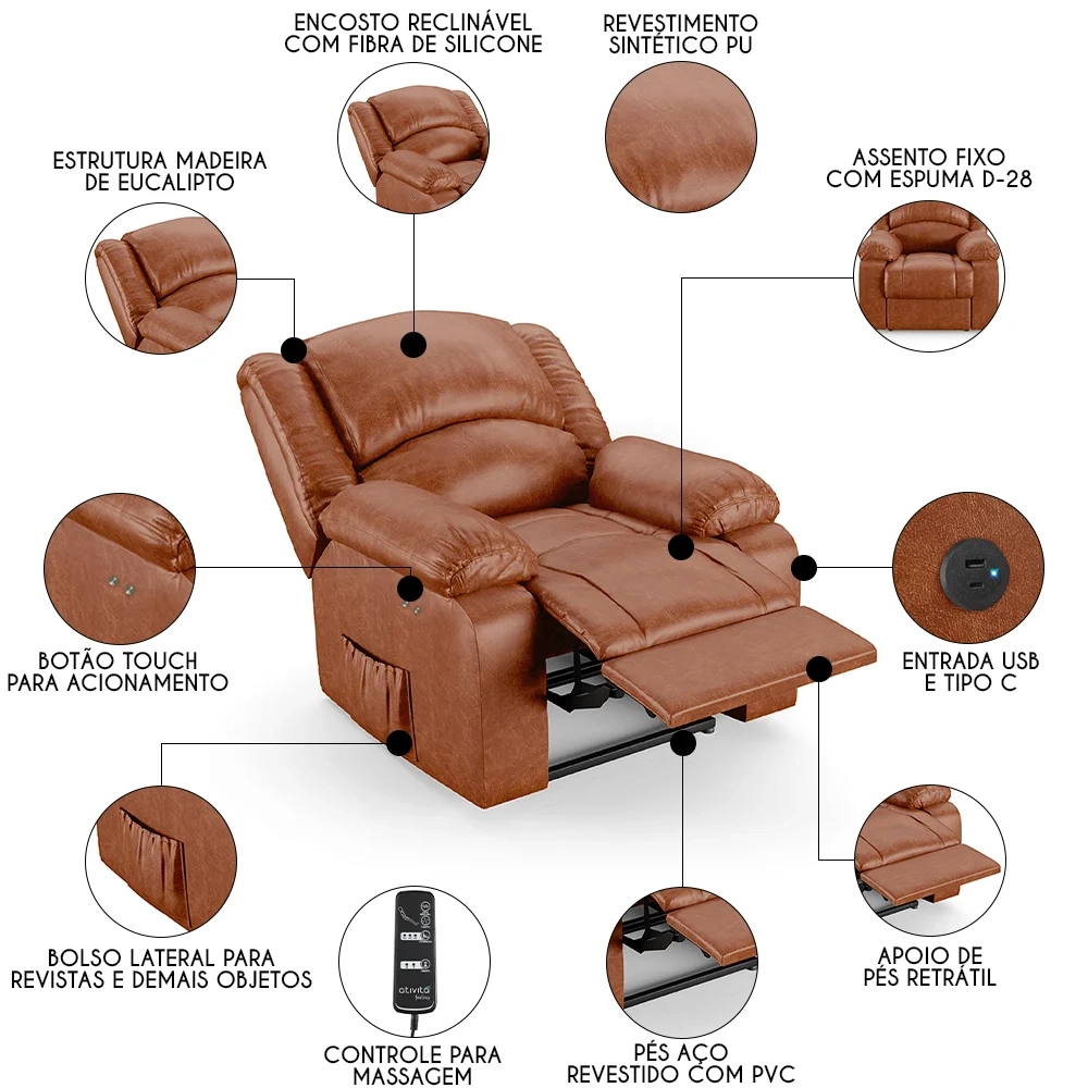 Poltrona do Papai Reclinável Pietra Power Touch Massagem FH9 PU Caramelo Brilho - Mpozenato