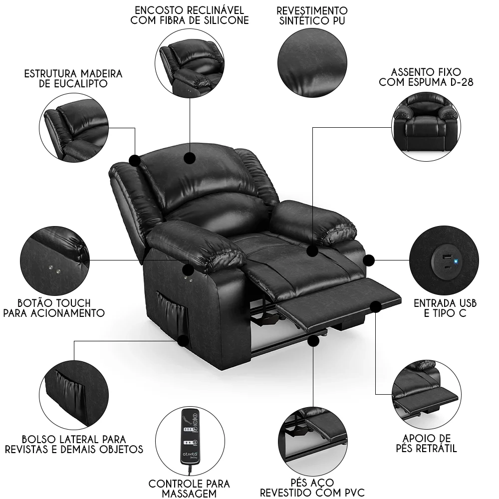 Poltrona do Papai Reclinável Pietra Power Touch Massagem FH9 PU Preto Brilho - Mpozenato