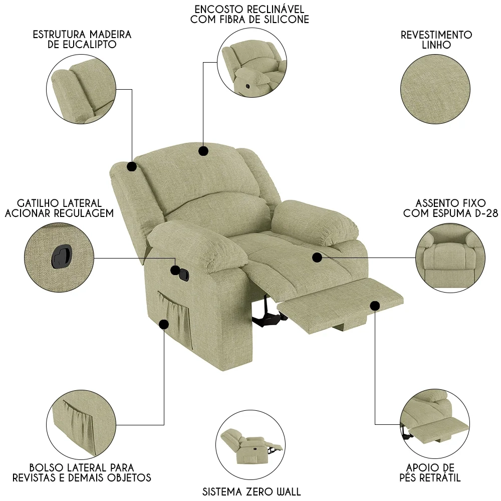 Poltrona do Papai Reclinável Pietra Zero Wall FH9 Linho Bege - Mpozenato