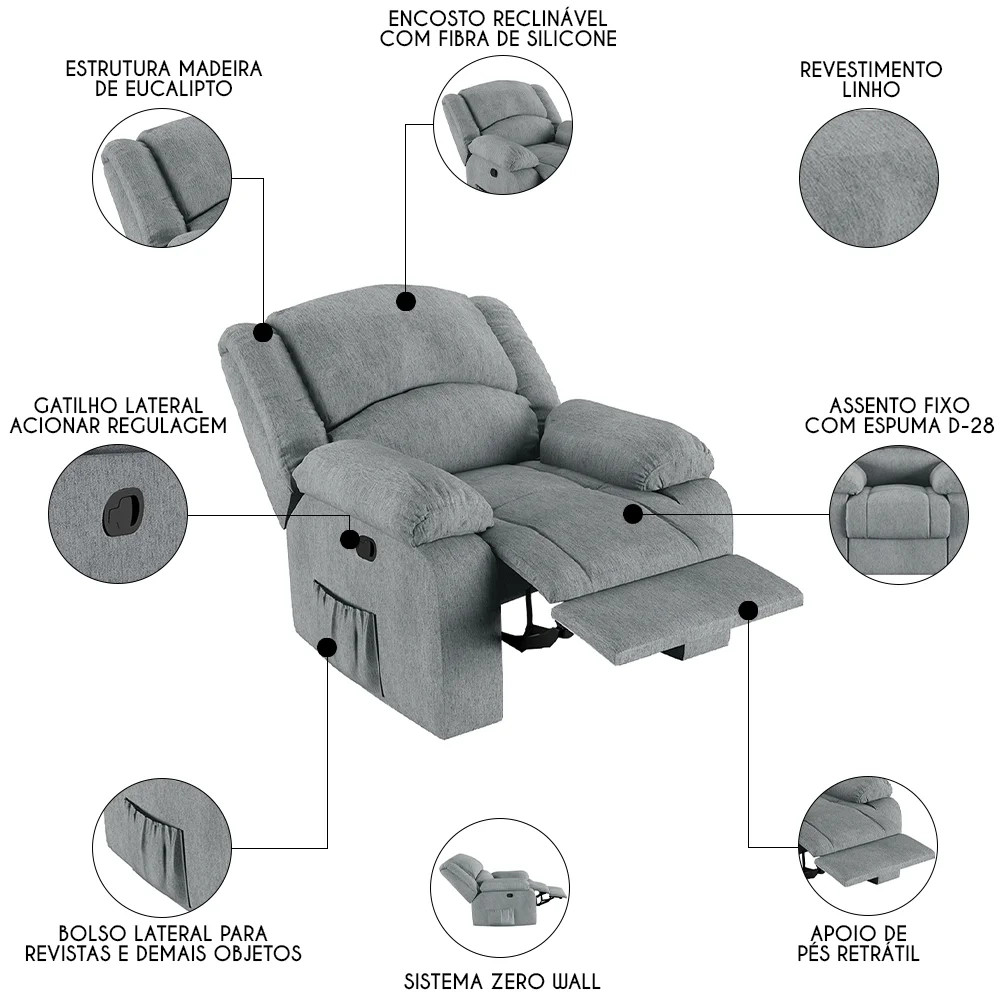Poltrona do Papai Reclinável Pietra Zero Wall FH9 Linho Cinza - Mpozenato