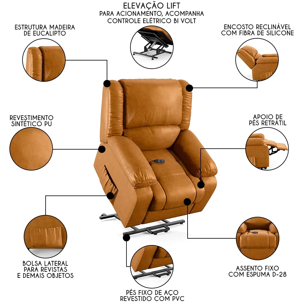 Poltrona do Papai Reclinável Pietra Elevação Lift Elétrico FH9 PU Whisky - Mpozenato