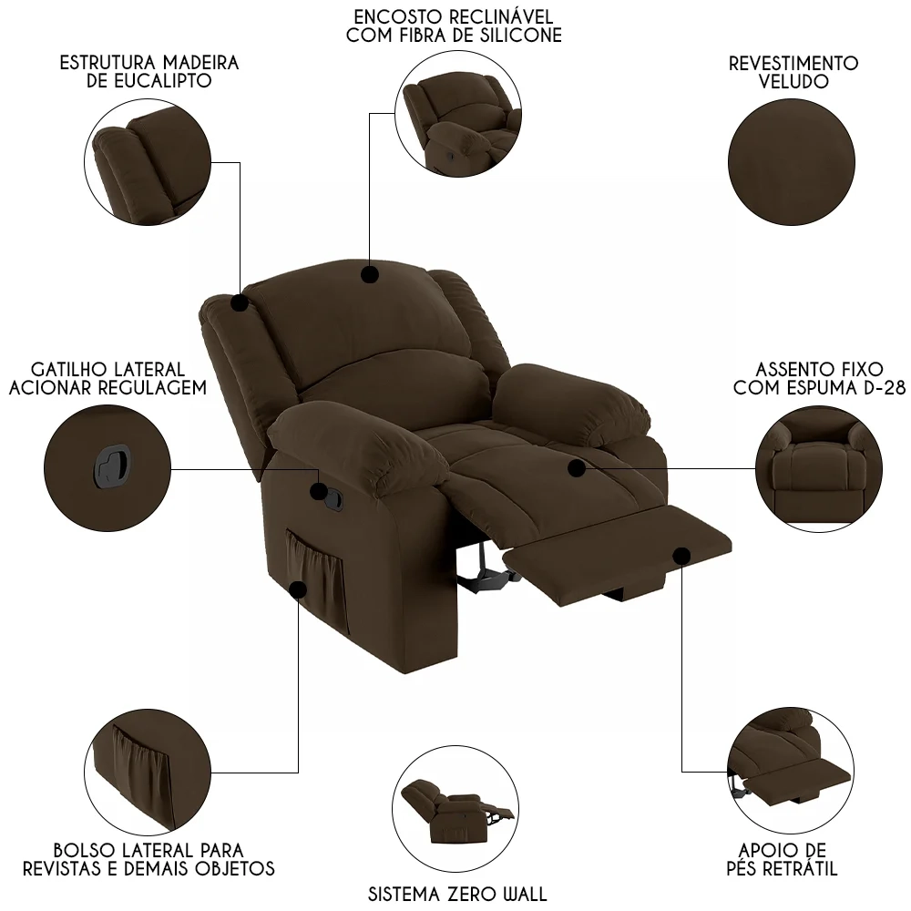 Poltrona do Papai Reclinável Pietra Zero Wall FH9 Veludo Marrom - Mpozenato