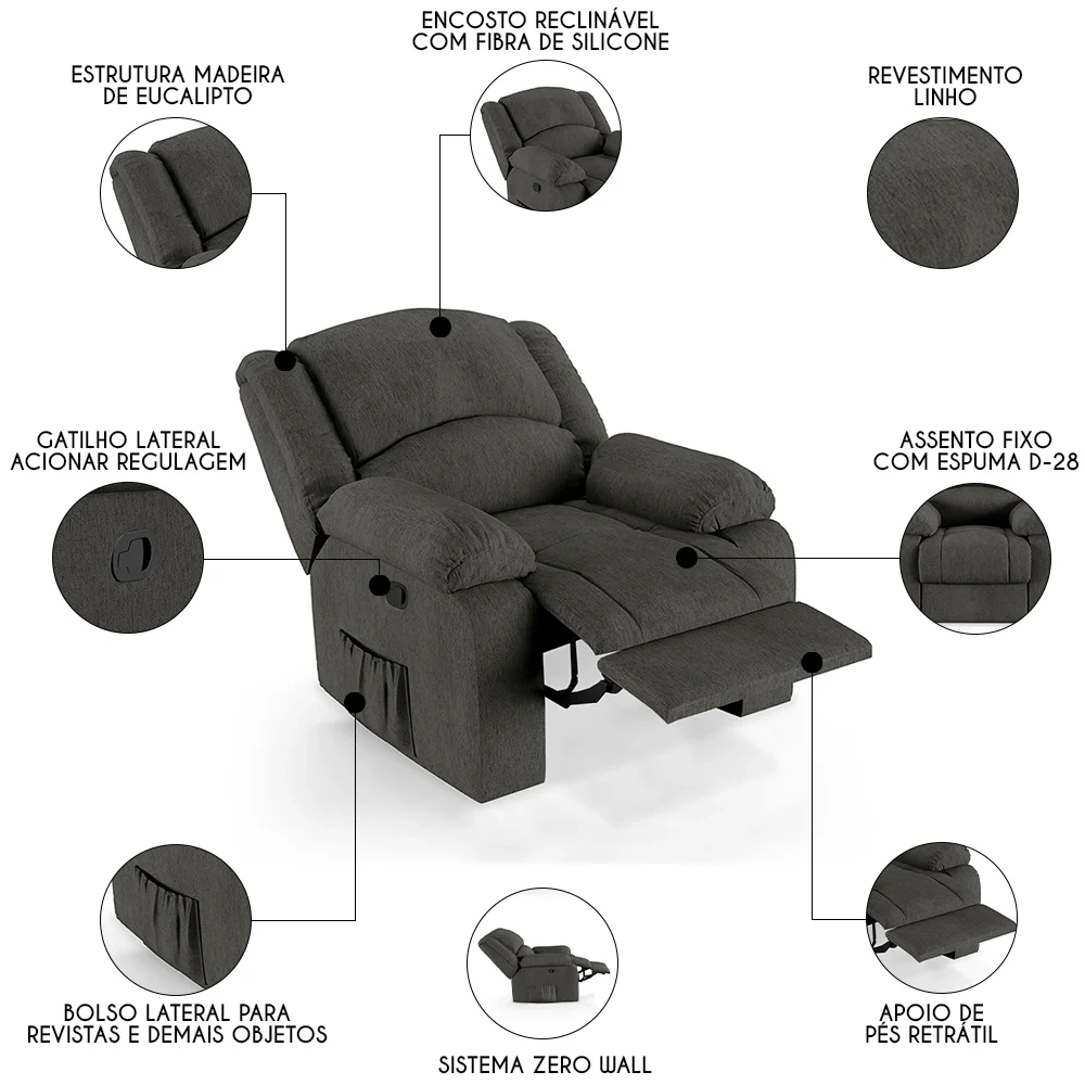 Poltrona do Papai Reclinável Pietra Zero Wall FH9 Linho Grafite - Mpozenato