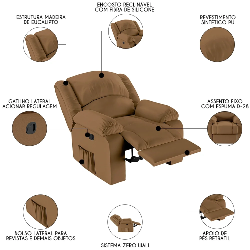 Poltrona do Papai Reclinável Pietra Zero Wall FH9 PU Caramelo - Mpozenato