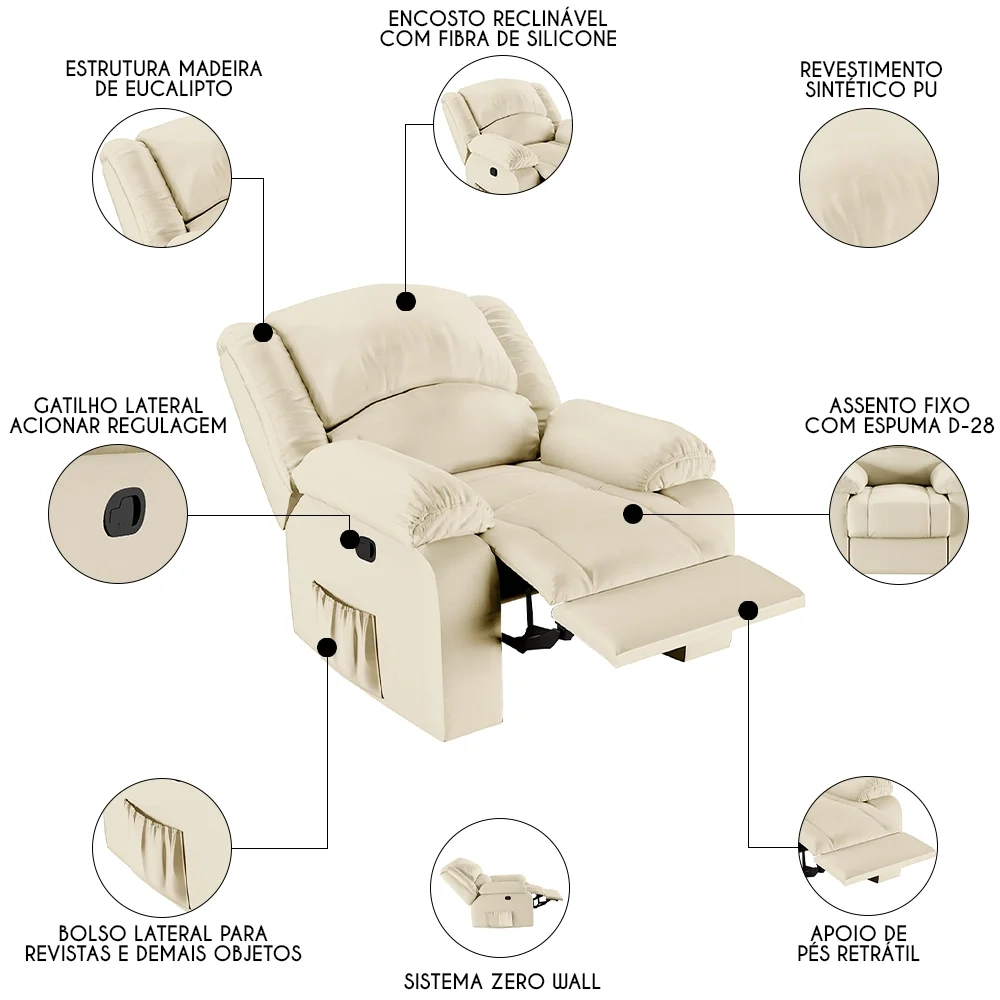 Poltrona do Papai Reclinável Pietra Zero Wall FH9 PU Bege - Mpozenato