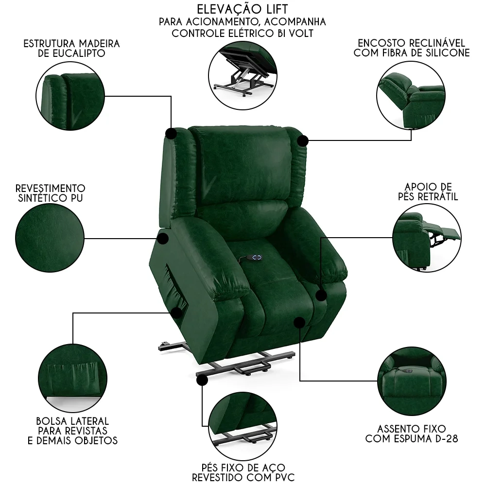 Poltrona do Papai Reclinável Pietra Elevação Lift Elétrico FH9 PU Verde Musgo - Mpozenato