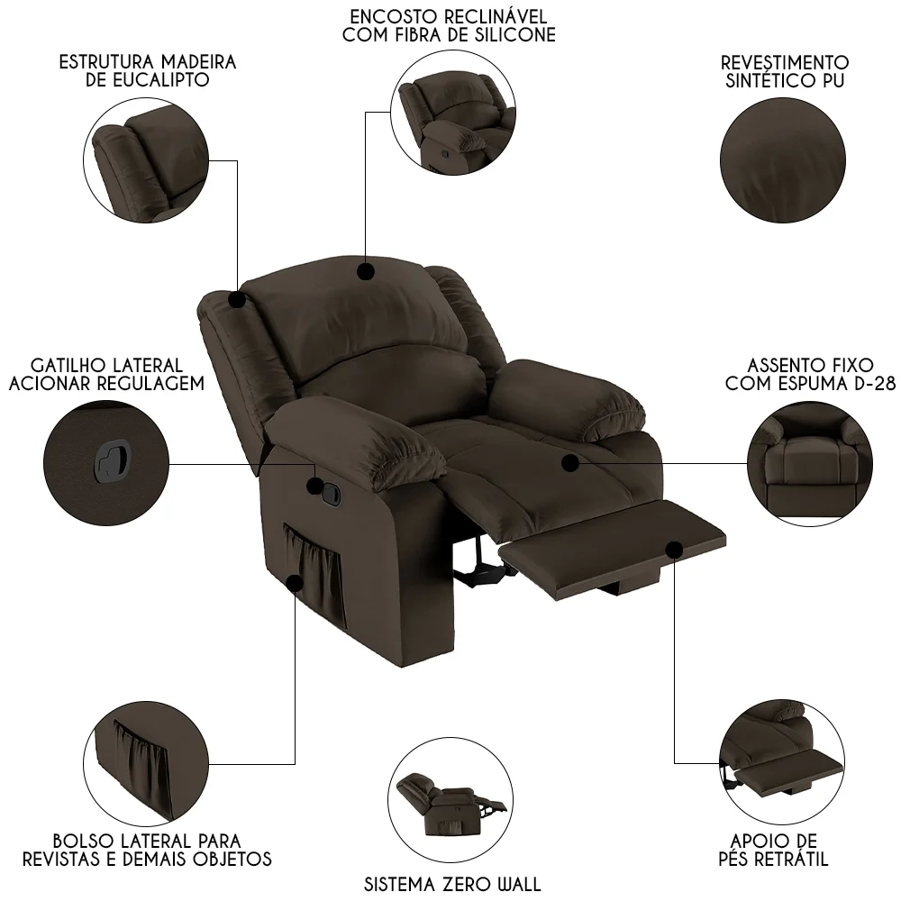 Poltrona do Papai Reclinável Pietra Zero Wall FH9 PU Marrom - Mpozenato