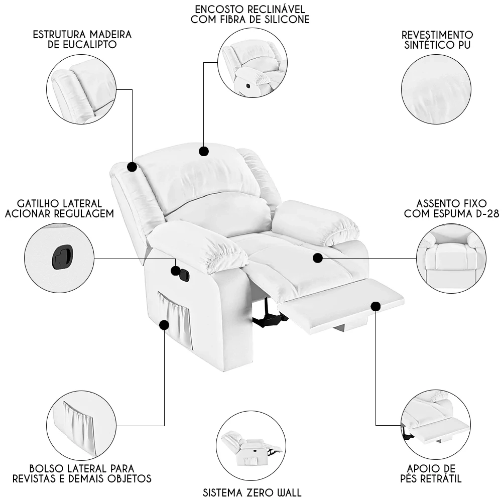 Poltrona do Papai Reclinável Pietra Zero Wall FH9 PU Branco - Mpozenato