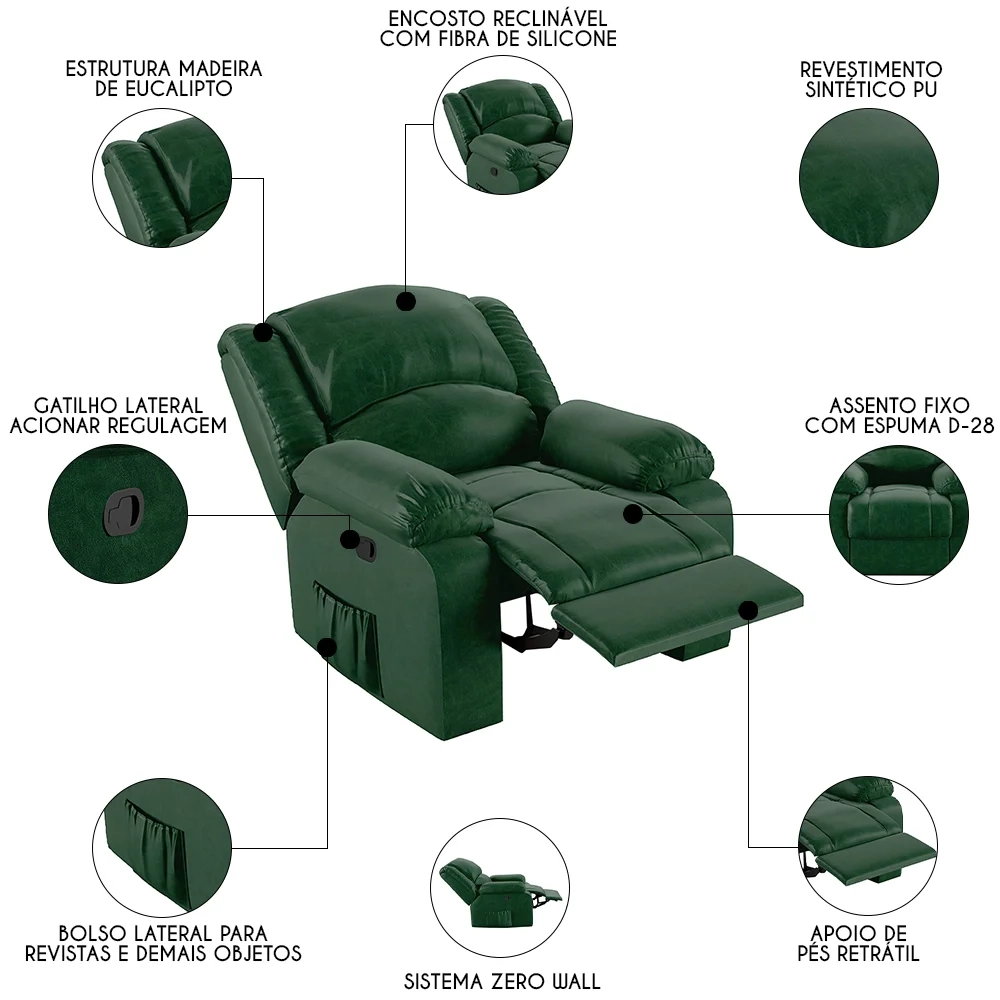 Poltrona do Papai Reclinável Pietra Zero Wall FH9 PU Verde Musgo - Mpozenato