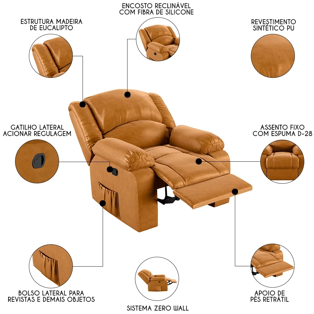 Poltrona do Papai Reclinável Pietra Zero Wall FH9 PU Whisky - Mpozenato