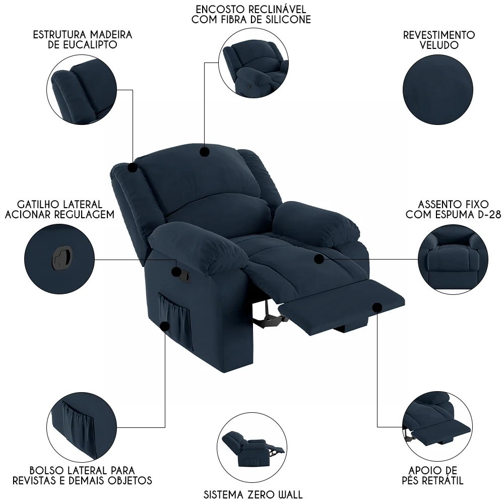 Poltrona do Papai Reclinável Pietra Zero Wall FH9 Veludo Azul - Mpozenato