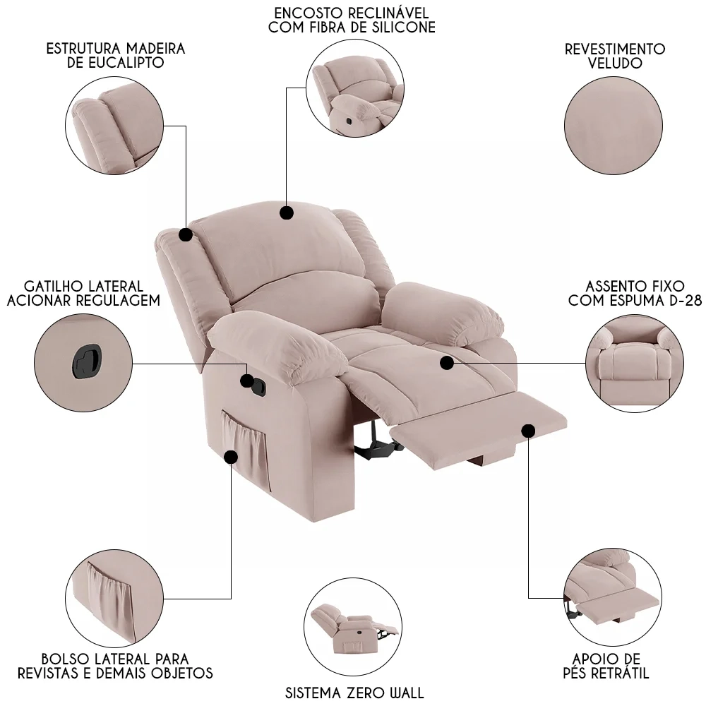 Poltrona do Papai Reclinável Pietra Zero Wall FH9 Veludo Rosê - Mpozenato