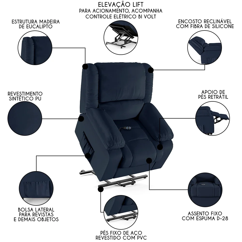 Poltrona do Papai Reclinável Pietra Elevação Lift Elétrico FH9 PU Azul - Mpozenato
