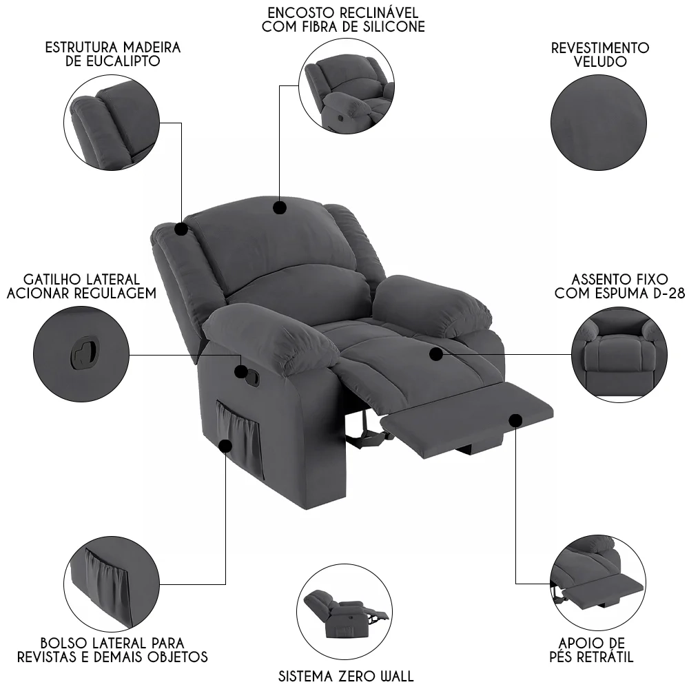 Poltrona do Papai Reclinável Pietra Zero Wall FH9 Veludo Cinza - Mpozenato