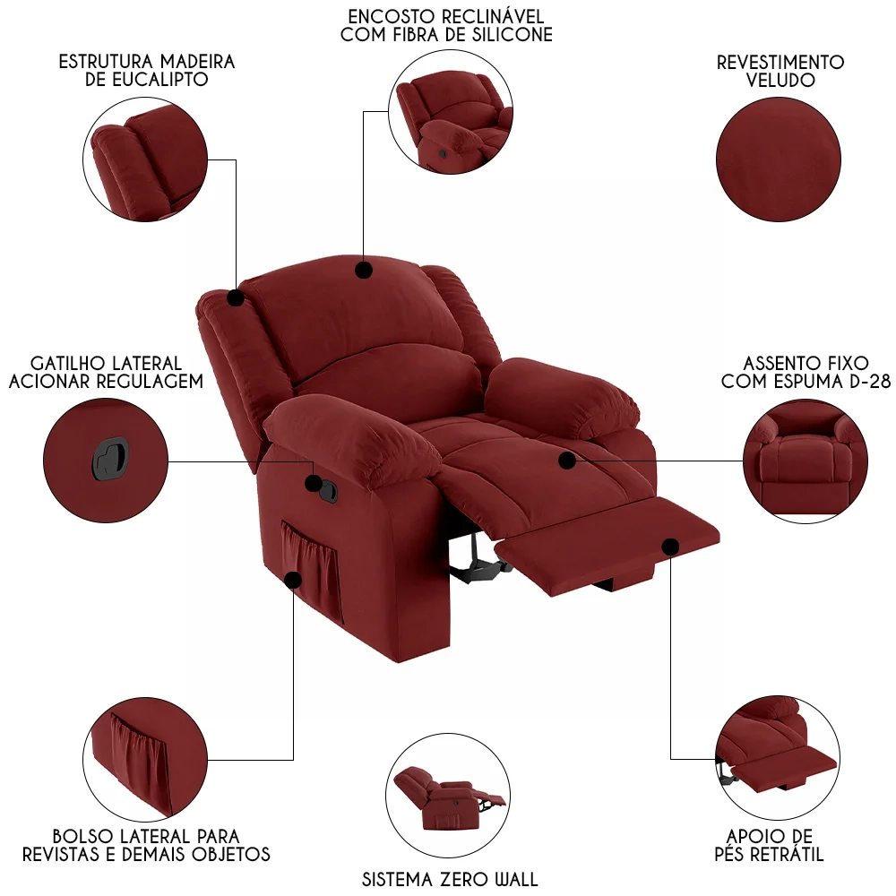 Poltrona do Papai Reclinável Pietra Zero Wall FH9 Veludo Vermelho - Mpozenato