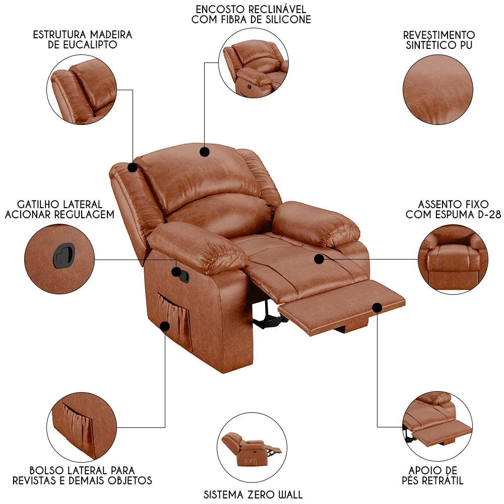 Poltrona do Papai Reclinável Pietra Zero Wall FH9 PU Caramelo Brilho - Mpozenato