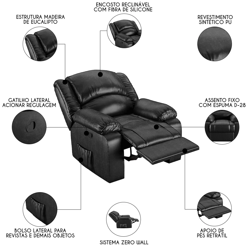 Poltrona do Papai Reclinável Pietra Zero Wall FH9 PU Preto Brilho - Mpozenato