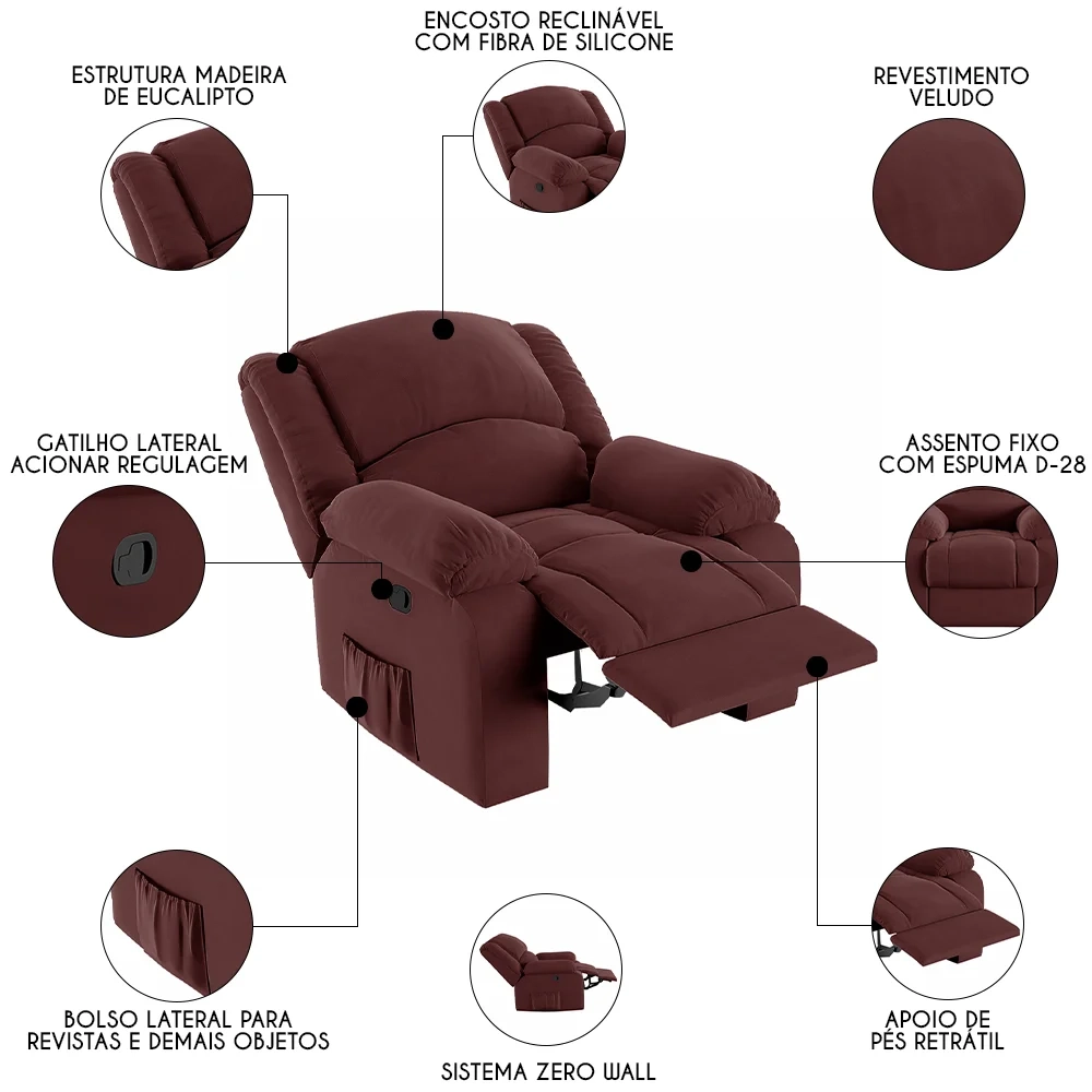 Poltrona do Papai Reclinável Pietra Zero Wall FH9 Veludo Vinho - Mpozenato