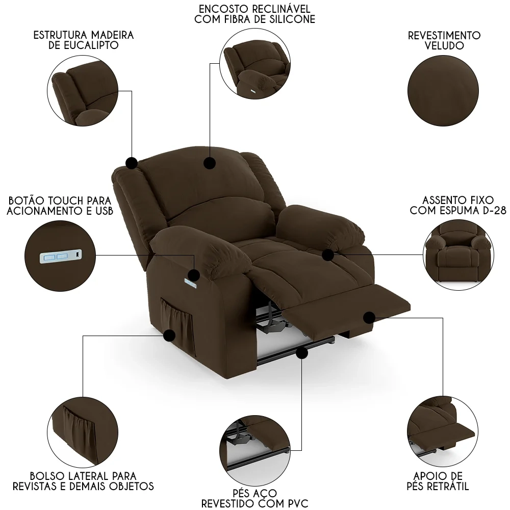 Poltrona do Papai Reclinável Pietra Elétrica LED FH9 Veludo Marrom - Mpozenato