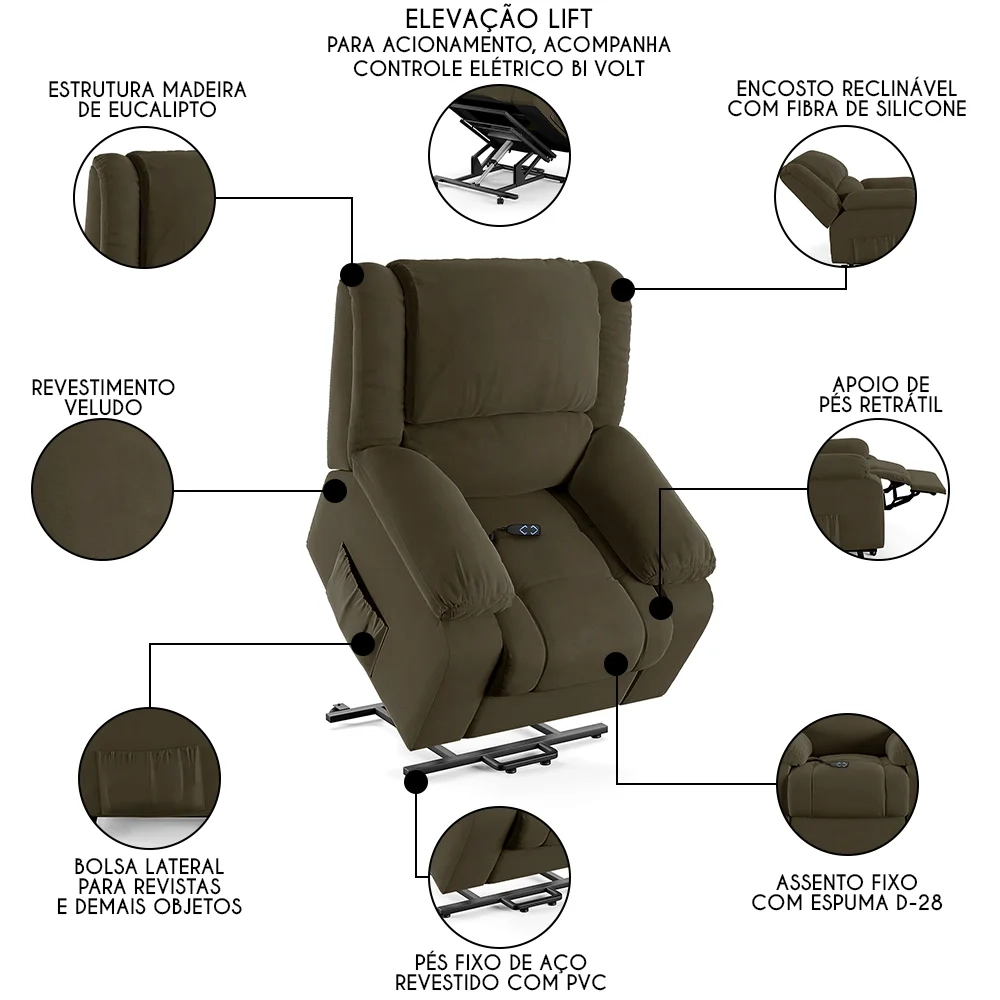 Poltrona do Papai Reclinável Pietra Elevação Lift Elétrico FH9 Veludo Capuccino - Mpozenato