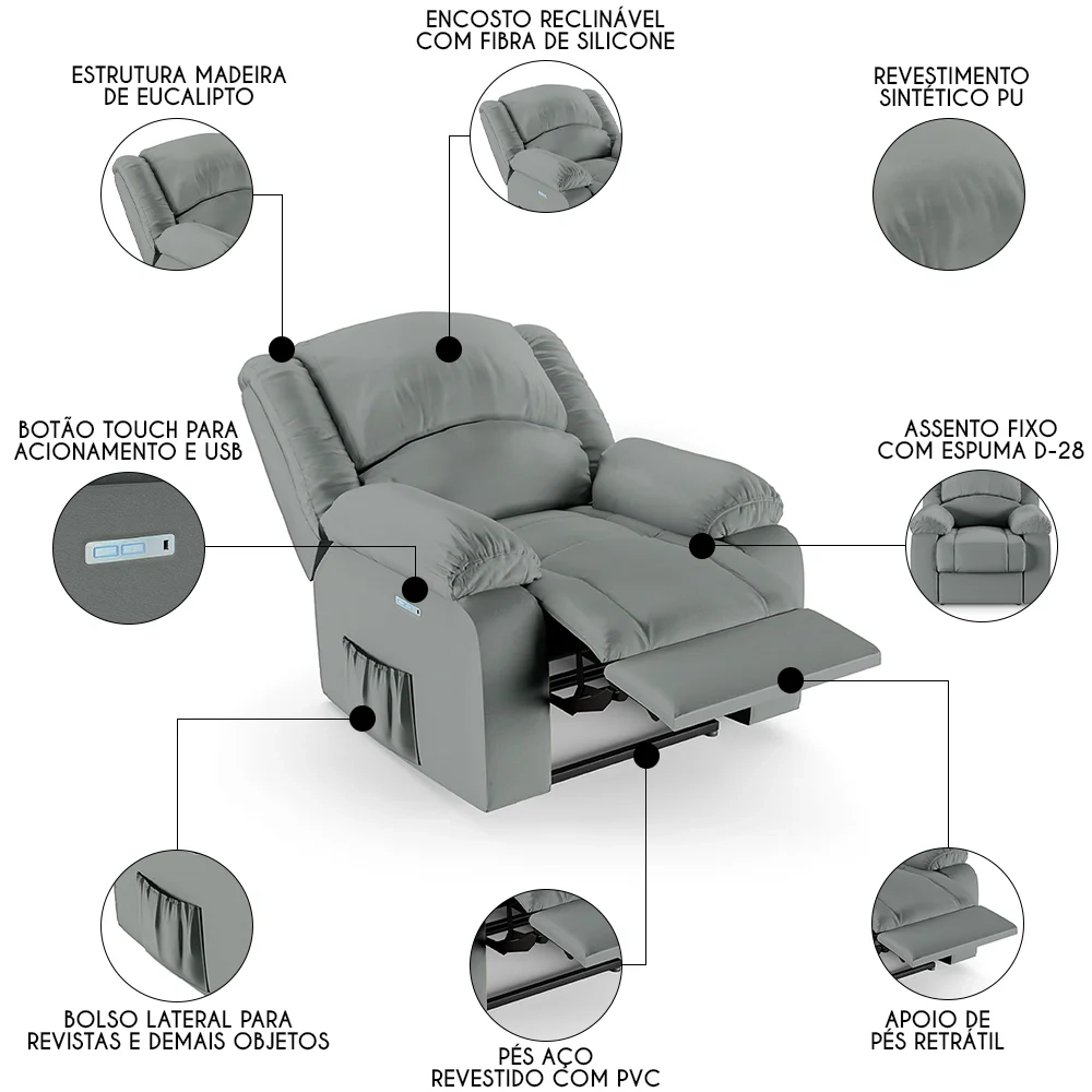 Poltrona do Papai Reclinável Pietra Elétrica LED FH9 PU Cinza - Mpozenato
