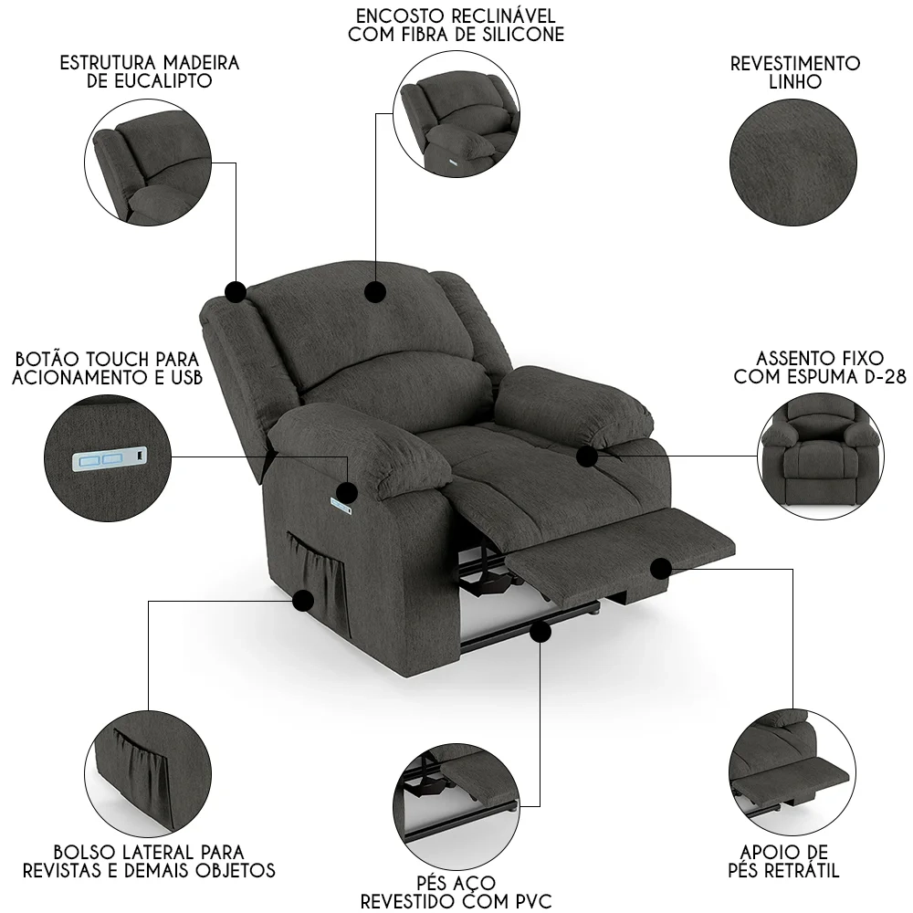 Poltrona do Papai Reclinável Pietra Elétrica LED FH9 Linho Grafite - Mpozenato