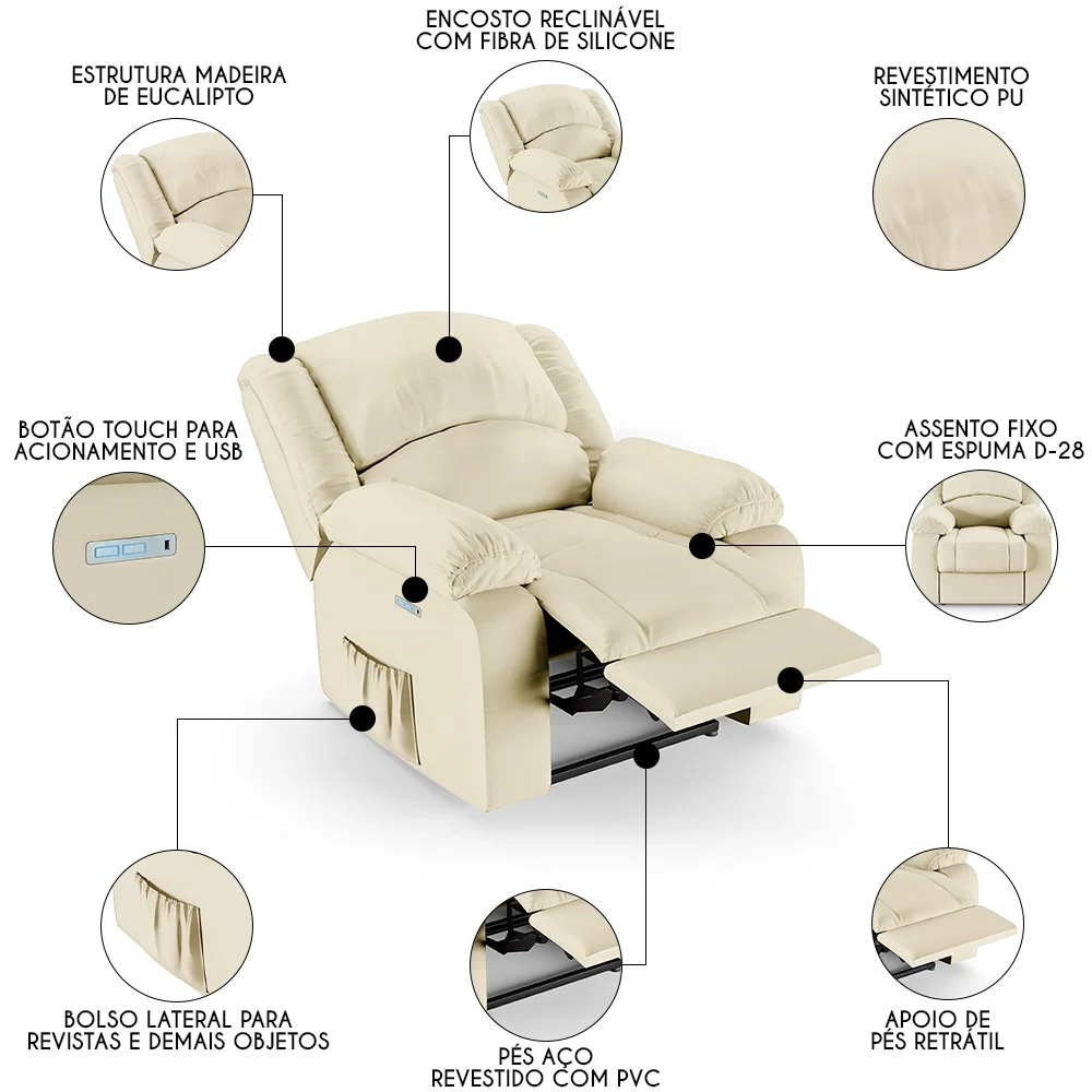Poltrona do Papai Reclinável Pietra Elétrica LED FH9 PU Bege - Mpozenato