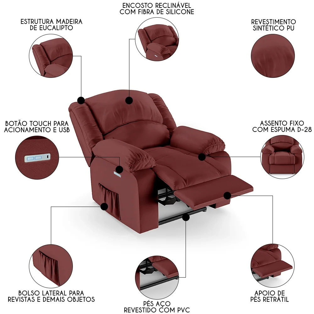 Poltrona do Papai Reclinável Pietra Elétrica LED FH9 PU Vermelho - Mpozenato