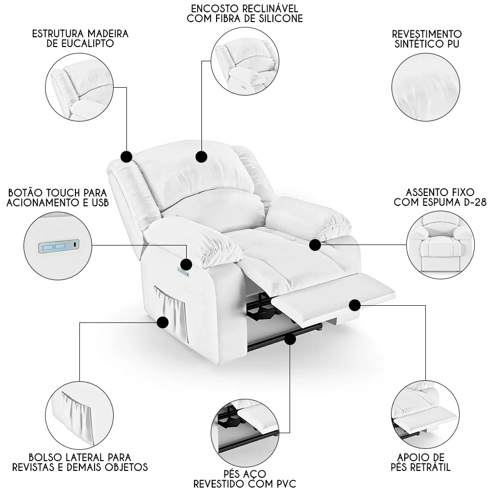Poltrona do Papai Reclinável Pietra Elétrica LED FH9 PU Branco - Mpozenato