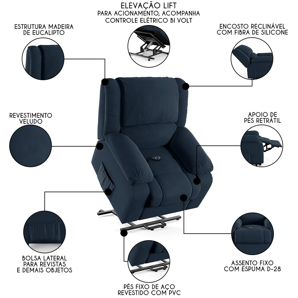 Poltrona do Papai Reclinável Pietra Elevação Lift Elétrico FH9 Veludo Azul - Mpozenato