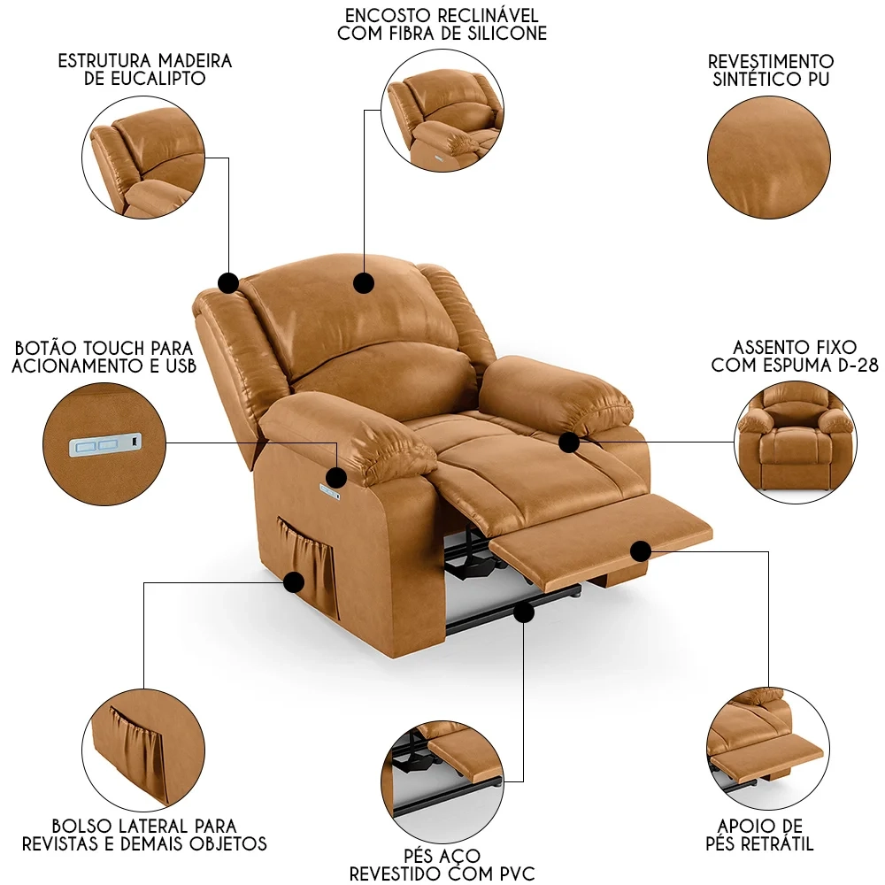 Poltrona do Papai Reclinável Pietra Elétrica LED FH9 PU Whisky - Mpozenato